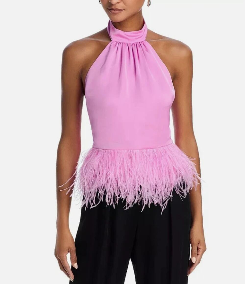 Ramy Brook Womens Large  Faux Feather Trim Halter Top Pink Rose MSRP $395